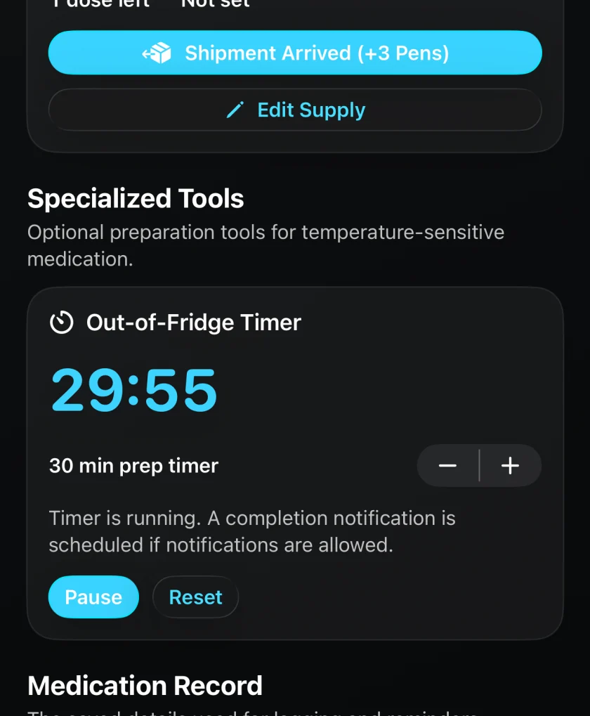 Injection Reminder preparation timer for a biologic routine