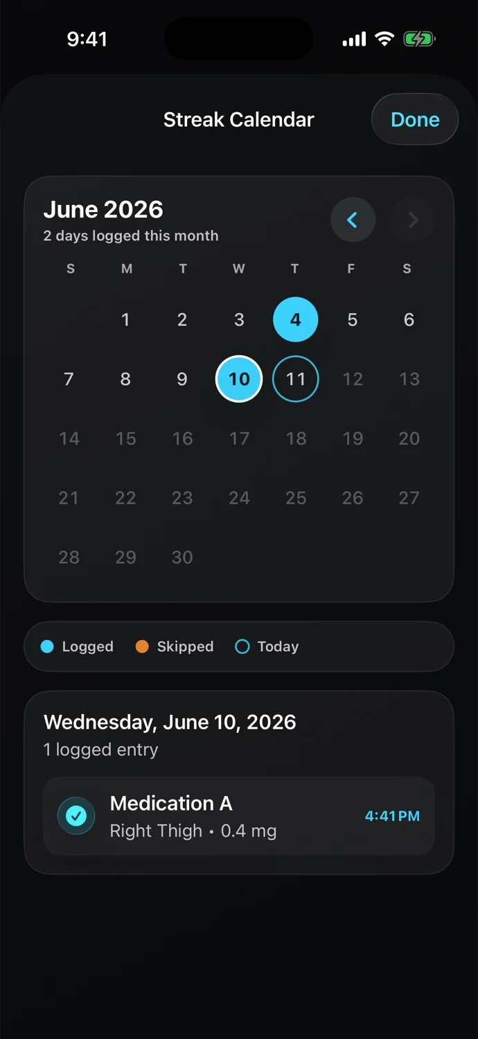 Injection Reminder calendar showing dated injection records