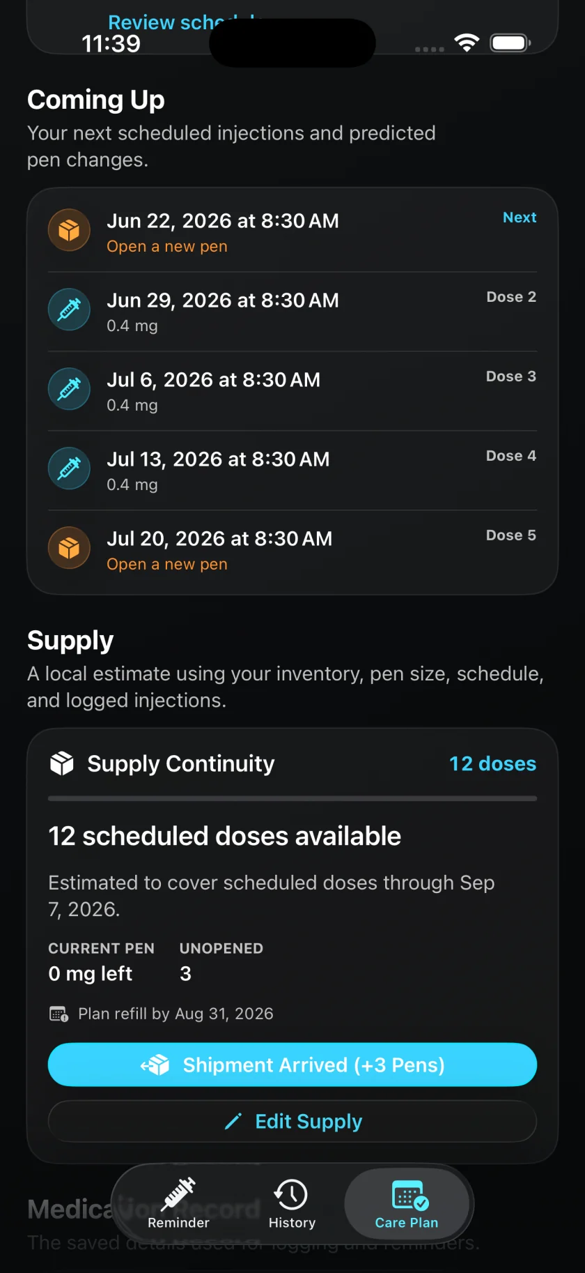 Injection Reminder care plan showing pen supply and refill coverage