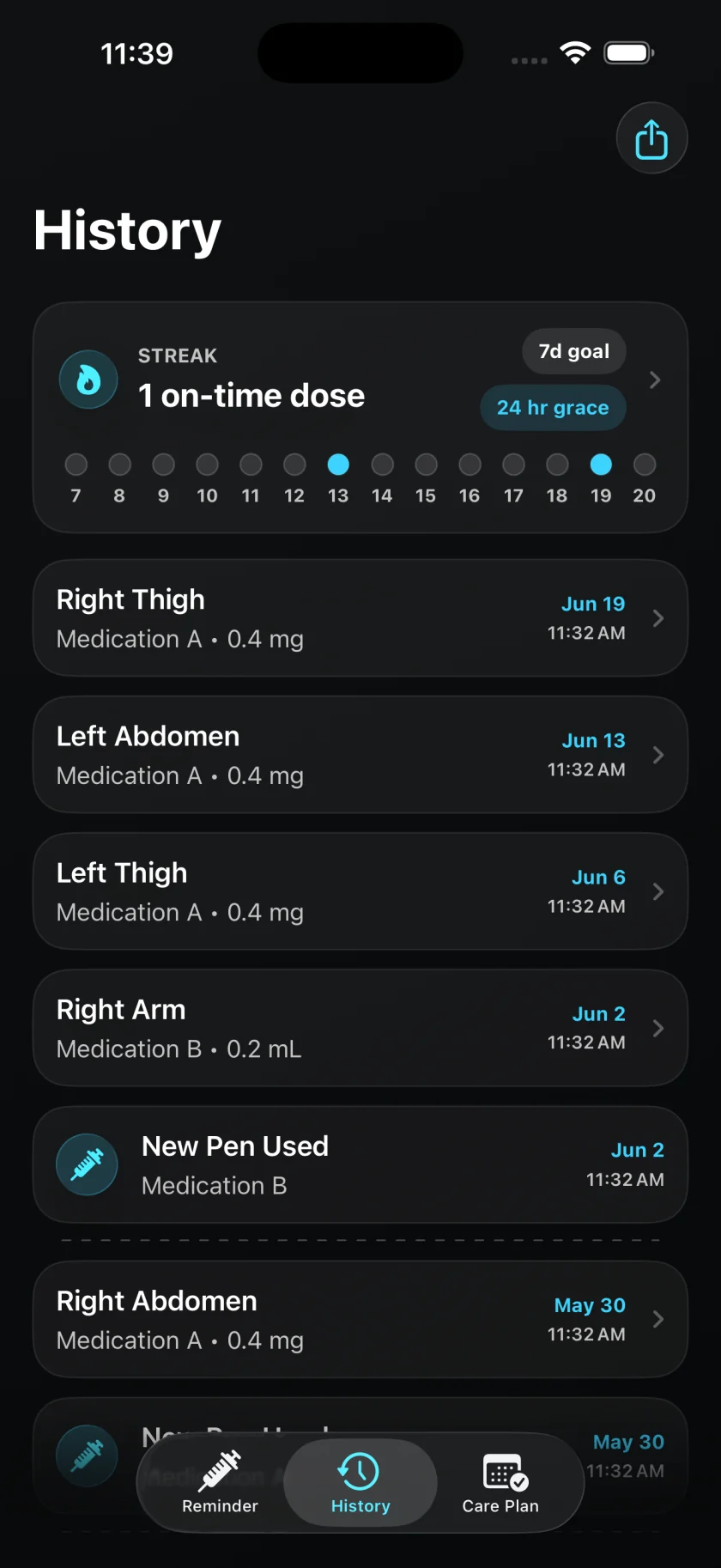 Injection Reminder history with editable injection records