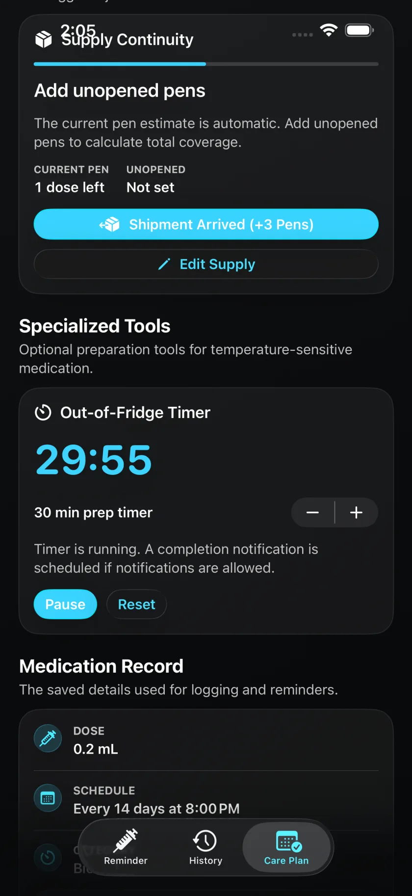 Injection Reminder biologic routine with an out-of-fridge preparation timer