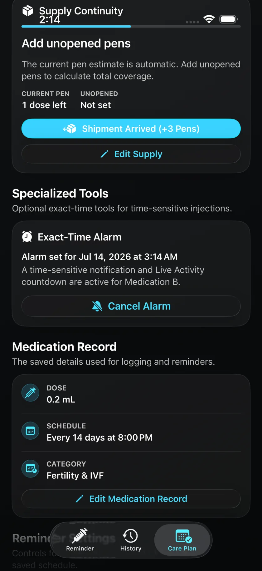 Injection Reminder fertility routine with an exact-time alarm