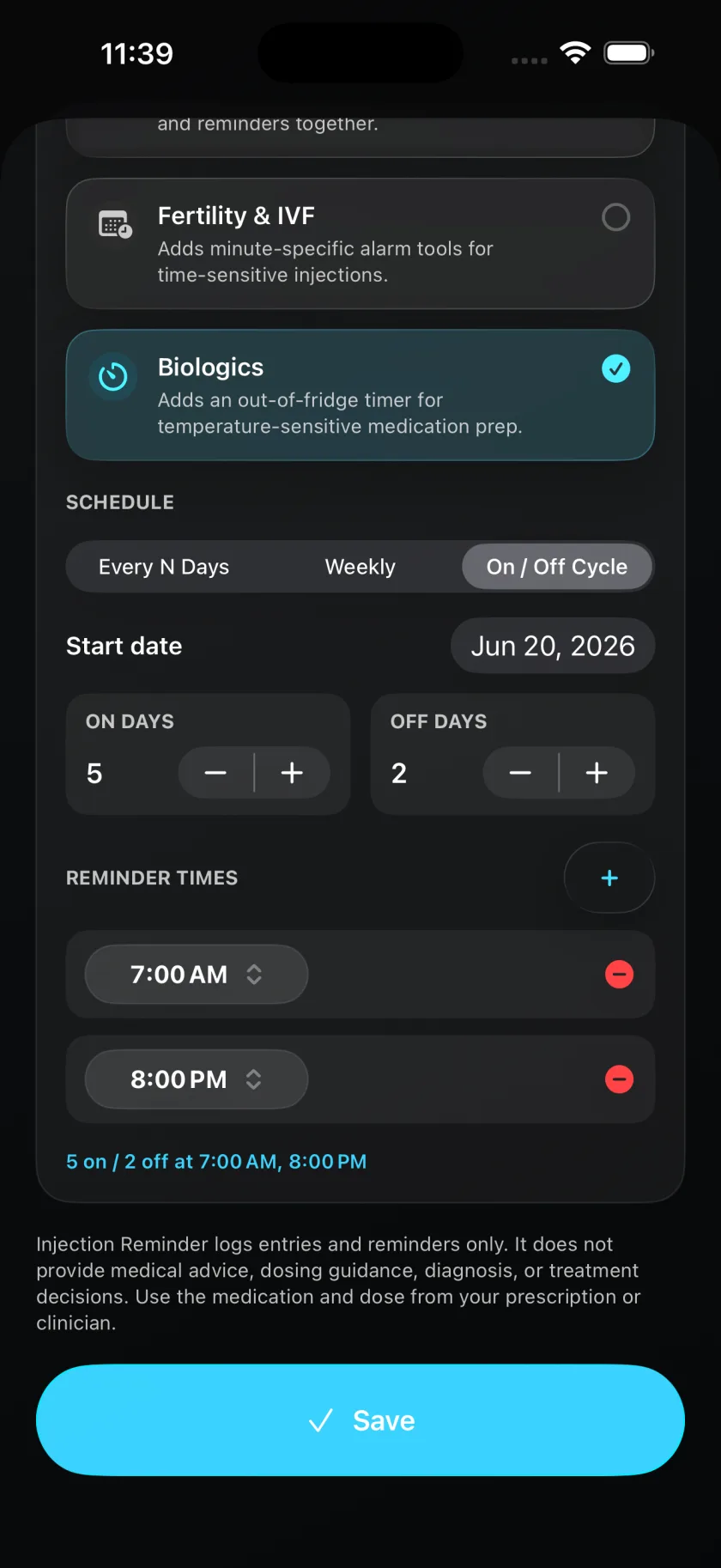 Injection Reminder schedule editor with multiple reminder times