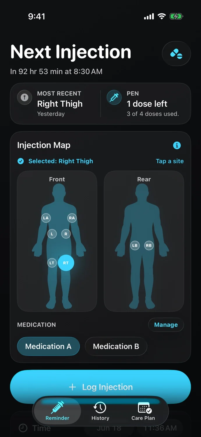 Injection Reminder body map for reviewing injection-site rotation